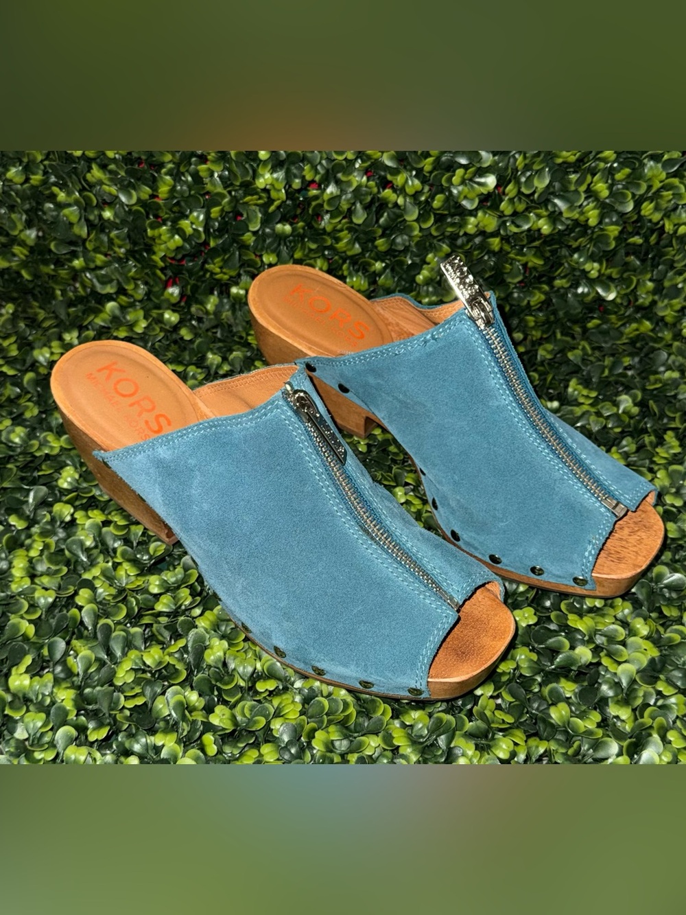 Michael Kors Teal Suede Open-Toe Zip Wedge Mule Clogs - Picture 2 of 7